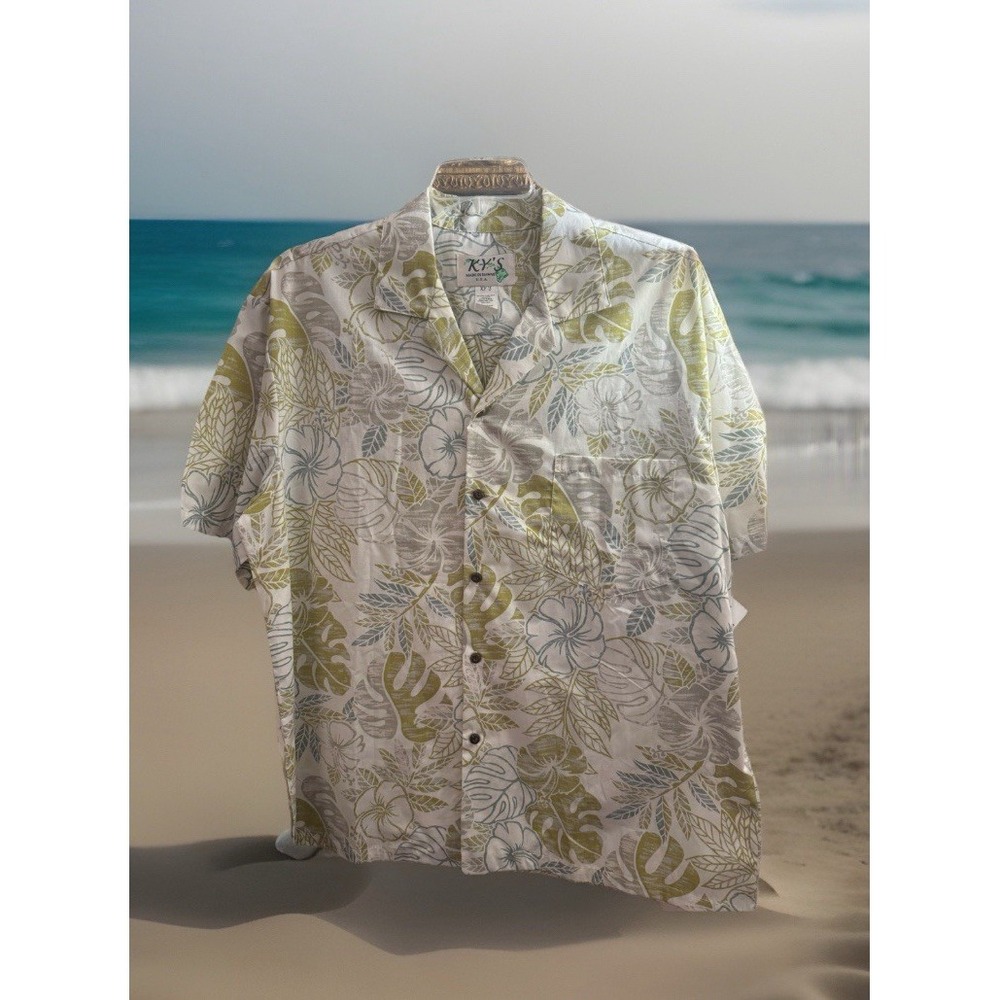 Vtg New KJ' S  HAWAII USA ,ORIGINAL HAWAIIAN SHIRT,  XL Green Beige FLORAL 25/30